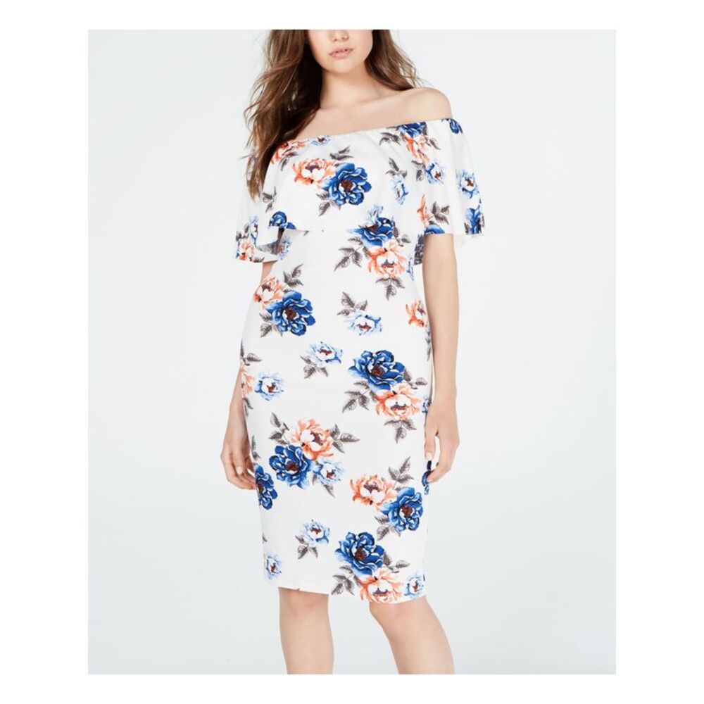 CRAVE FAME Womens Shift Knee Length Dress Ivory Off Shoulder Floral Juniors S